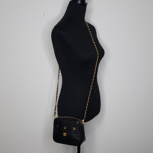 Vintage MCM Black Leather Gold Chain Mini Crossbody Bag Made in Germany Classic - Picture 3 of 17